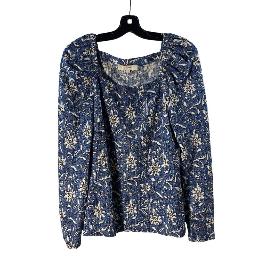 Floral Blue & White Long Sleeve Square Neck Top By Loft Size L - Picture 2 of 8